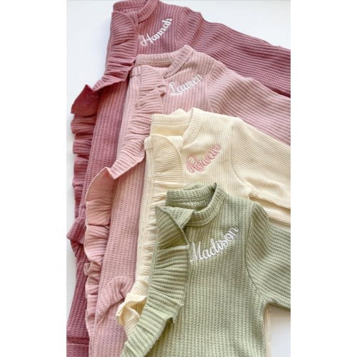 Newborn Waffle Knit Ruffled Footie With Bow - Baby Girl Coming Home Outfit - Hospital Outfit for Baby Girls