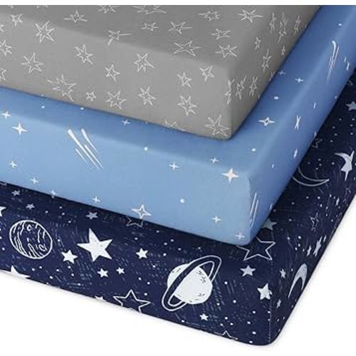 Pack and Play Sheets Fitted 3 Pack, Mini Crib Sheets for Pack N Play Mattress Stretchy Portable Playard Sheets, Soft Breathable Blue Gray Planet