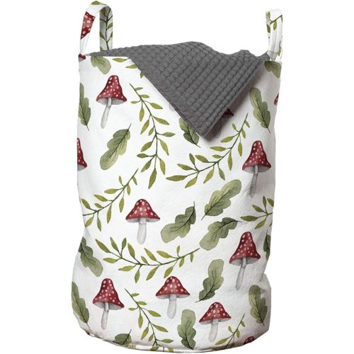 Ambesonne Mushroom Laundry Bag, Watercolor Pattern Green Leaves Forest Elements Botanical Woodland Theme, Hamper Basket with Handles Drawstring Closure for Laundromats, 13" x 19", Green Ruby