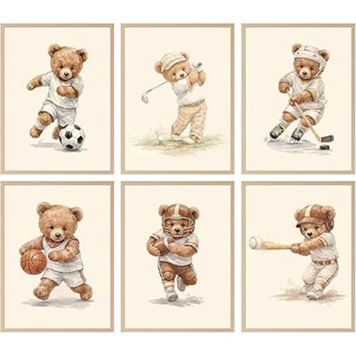 6Pcs Sports Teddy Bear Nursery Wall Art Kids Vintage Cute Animal Wall Decor Pictures Golf Baseball Rugby Canvas Posters Prints for Children Bedroom Playroom Home Decoration 12x16in Unframed