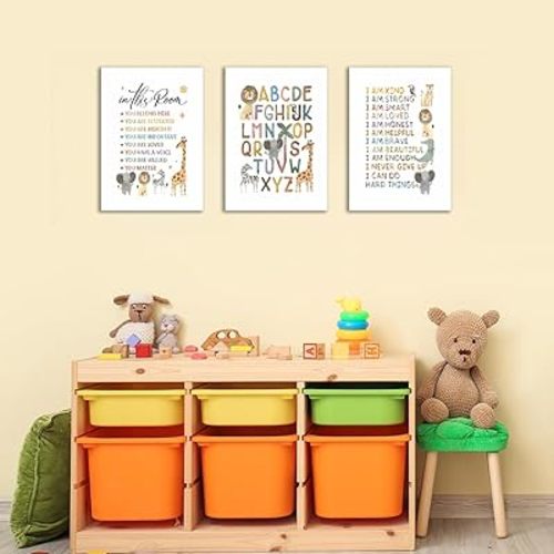 Dytila Framed 3 Piece Safari Animal Nursery Wall Decor, ABC Alphabet Pictures kids Wall Art Boho Letters Canvas Prints Jungle Paintings Artwork for Baby Room Decor 12x16 in