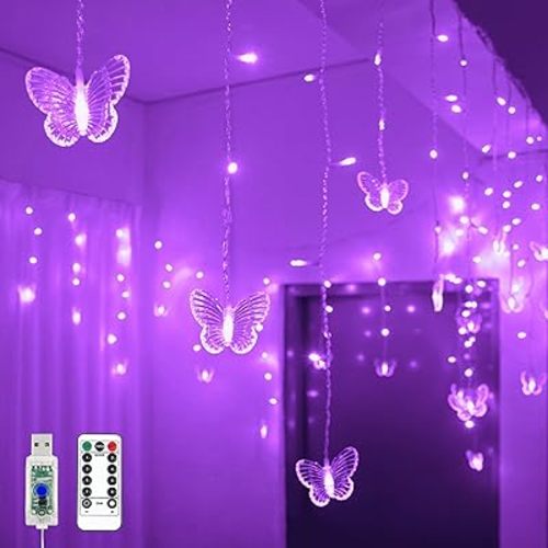YOLIGHT Butterfly Curtain Lights 13ft 96 LED Fairy Lights 8 Modes String Lights with Remote, Butterfly Hanging Decoration for Girls Room Bedroom Wall Ceiling Party Wedding Holiday Christmas (Purple)