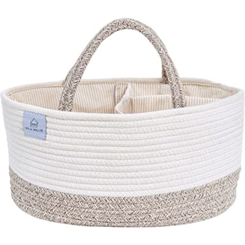 Mila Millie Baby Large Cotton Rope Diaper Caddy | Organizer Storage Bin for Nursery Essentials | Portable Bag for Changing Table and Car | 100% Natural Cotton | Eco friendly (White & Brown)