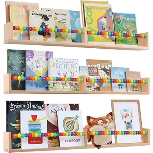birola Nursery Book Shelves Set of 3,Wood Floating Book Shelves for Wall,Wall Book Shelf for Kids，Bathroom Decor, Kitchen Spice Rack (Five-Color Beads)