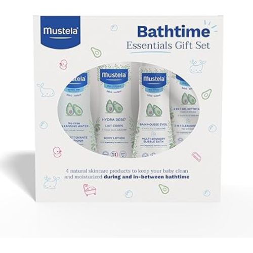 Mustela Baby Bath Time Essentials Gift Set - Natural & Plant-Based Baby Skin Care - 4 Items Set