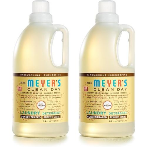 MRS. MEYER'S Clean Day Baby Laundry Detergent Liquid, Infused with Essential Oils, Baby Blossom, 64oz - Pack of 2 (128 Loads)