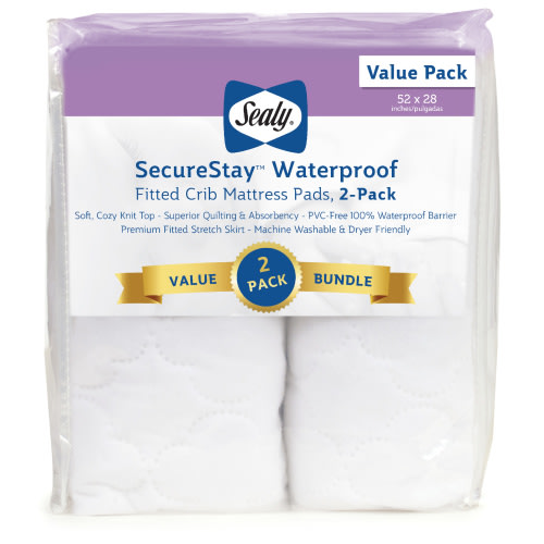 Sealy Secure Stay Waterproof Mattress Pads, Crib, White, 2-Pieces, 52" L x 28" W