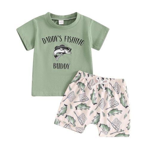 Toddler Fish Outfit Short Sleeve Papas Fishing Buddy T-shirt Fish Shorts 2Pcs Set Father Gift Clothes for Baby