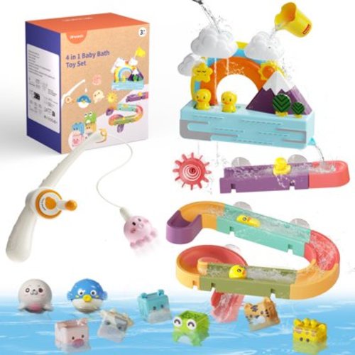 Dimoarch 4 in 1 Bath Toys for Toddlers, Magnetic Fishing Game, Waterwheel Shower Toy, Duck Slide Track Set, Soft Stacking Blocks, Sensory Montessori Toys for Boys and Girls