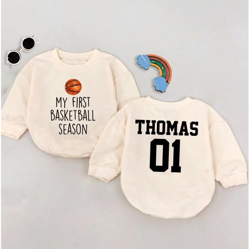 Personalized My First Basketball Season Romper Sweatshirt, Trendy Baby Romper, Sport Baby Bodysuit, Newborn Outfit, Custom Baby Outfit Gift
