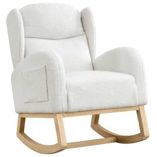 Muumblus Wingback Glider Rocking Chair for Baby Nursery, Wood Legs, Adults, Ivory Teddy