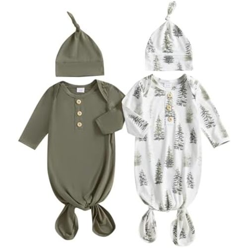 woshilaocai 2 Pack Baby Boy Girl Gown Sleeper Newborn Knotted Nightgown and Hat Set Infant Sleepwear
