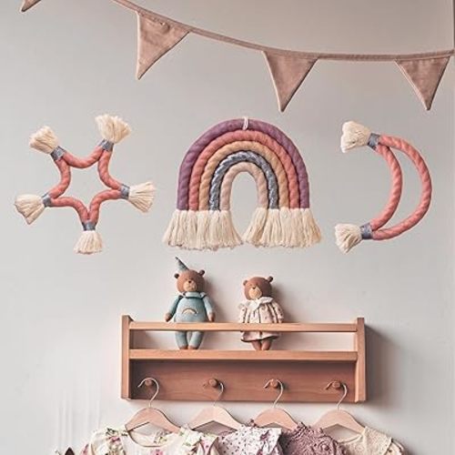 BLISSOM 3Pcs Large Macrame Rainbow Wall Hangings-Rainbbow Moon Star, Boho Wall Decor Room Decor for Baby Girl Teen Girls in Living Room and Nursery