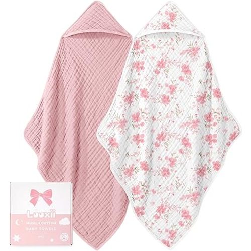 Looxii Baby Bath Towels 2 Pack Muslin Hooded Baby Towels for Newborn and Infants, 100% Cotton, Large 32x32Inch, Soft and Absorbent