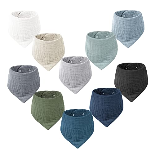 Konssy Muslin Baby Bibs 10 Pack Baby Bandana Drool Bibs 100% Cotton for Unisex Boys Girls, 10 Solid Colors Set for Teething Drooling
