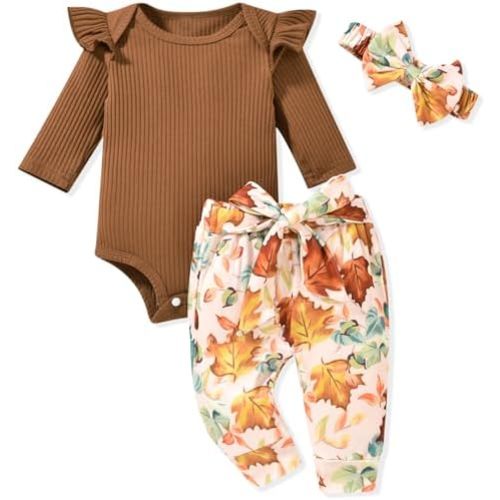 Aalizzwell Preemie Newborn Infant Baby Girls Clothes Ribbed Romper Bodysuit Pants Set Fall Winter Outfits