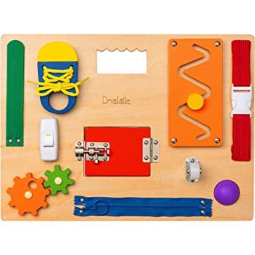 Busy Board - Wooden Montessori Activity Board for Toddlers & Kids - 12 Educational Sensory Toys to Learn Basic Life Skills & Develop Fine Motor Skills + Baby Mirror