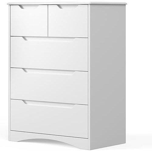 Gizoon 5 Drawers Chest, White Dresser for Bedroom with Large Storage Capacity, Chest of Drawers with Embedded Handle, Anti-Tripping Device for Hallway, Office, Living Room