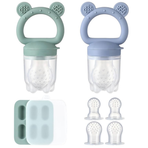 2 Pack Silicone Baby Fruit Feeder with Mini Freezer Tray, Baby Teethers, Breastmilk Popsicle Molds for Baby Teething Relief, Fresh Food Feeder for Safe Infant Self Feeding, Extra Food Pouches