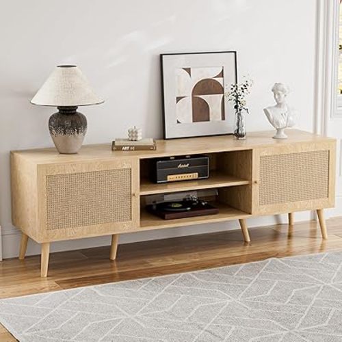 TV Stand for TVs up to 65'', Entertainment Center with Rattan Door, Shelves & 2 Cabinets, Long Boho Media TV Console for Living Room, Natural
