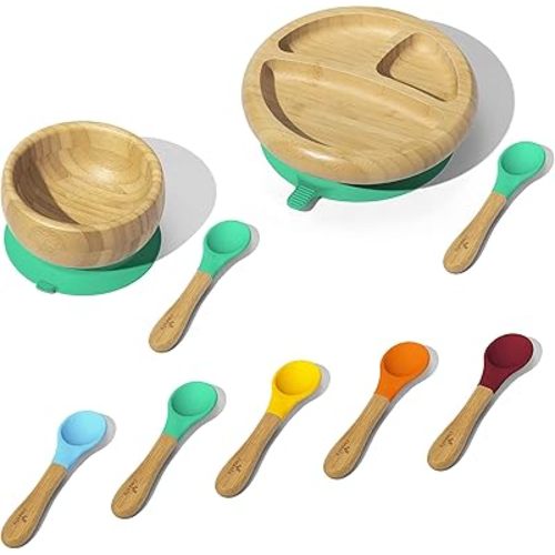 Avanchy Bamboo Baby Divided Plate, Bowl & Spoons Set - BPA Free, Suction Cup Bowl, Baby-Led Weaning, 3 Pieces, Green