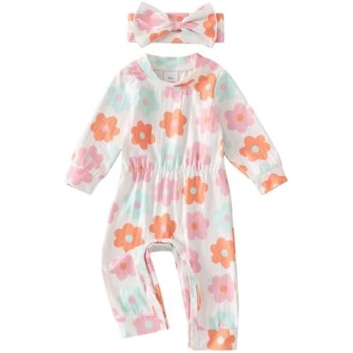 Winioder Newborn Baby Girl Fall Clothes Ribbed Long Sleeve Romper Jumpsuit with Headband Infant 2Pcs Coming Home Outfit