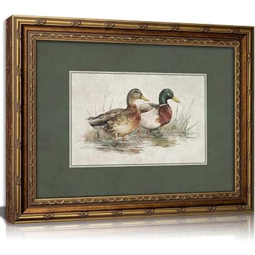 Vintage Gold Framed Wall Art, Mallard Ducks Watercolor Print with Green Border, Rustic Wildlife Nature Decor for Living Room, Bedroom, Cabin, Ready to Hang