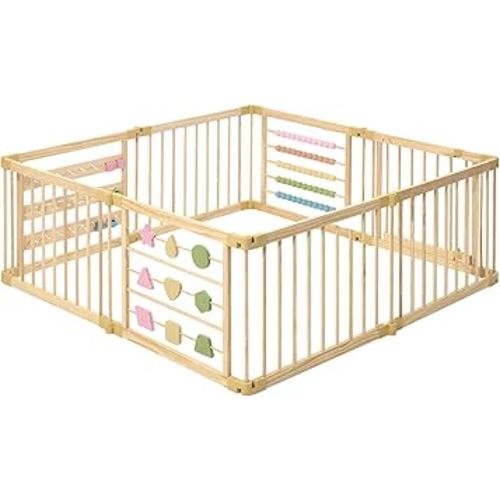 Wooden Playpen Extra Large for Toddlers and Babies - Foldable, Expandable, Adjustable - 8-10 Panels - Natural Wood - Unisex - Playpen