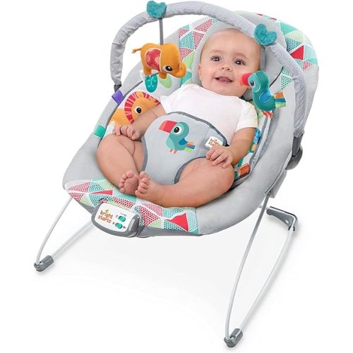 Bright Starts Baby Bouncer Soothing Vibrations Infant Seat - Taggies, Music, Removable -Toy Bar, 0-6 Months Up to 20 lbs (Toucan Tango)