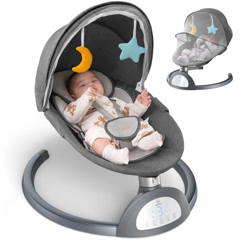Bimuva Electric Baby Swing for Infants to Toddler, Bluetooth Baby Rocker with Music Speaker, Protable Bouncer, 5 Sway Speeds 3 Seat Positions, Remote Control for Indoor, Boy, Girl