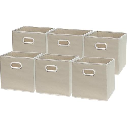 Simple Houseware Foldable Cube Storage Bin with Handle, Beige - 6 Pack