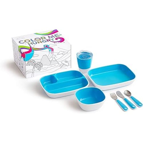 Munchkin® Color Me Hungry 7pc Toddler Feeding Supplies Set, Includes Plates, Bowl, Open Cup and Utensils in a Gift Box, Blue