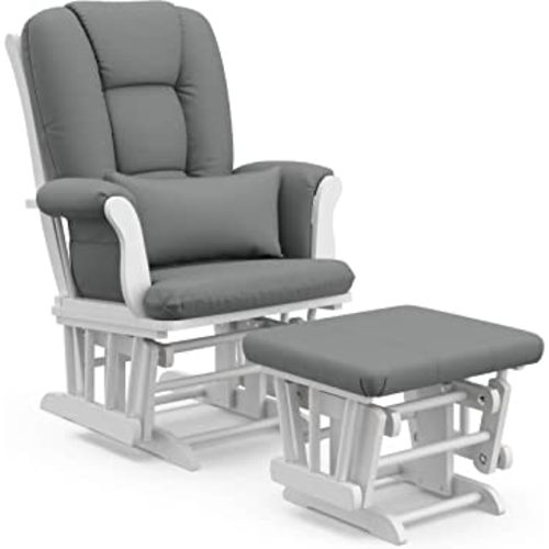 Storkcraft Tuscany Custom Glider and Ottoman with Free Lumbar Pillow (White/Grey) - Cleanable Upholstered Comfort Rocking Nursery Chair with Ottoman