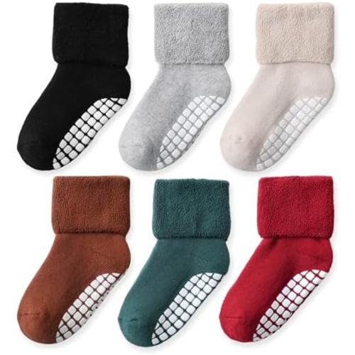 EPEIUS Toddler Thick Warm Cotton Crew Socks with Grips - Non-slip Turn Cuff Socks 6 Pack