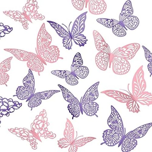 3D Butterfly Wall Decor 48Pcs 3 Sizes 4 Styles Butterfly Party Decorations Cake Decorations Removable Stickers Wall Decor Room Mural Metallic Kids (Purple+Pink)
