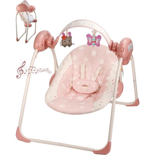Baby Swings for Infants, Tiny Marvels Portable Swing with Adaptable Speed, Music, Removable-Toy-Bar, Foldable Infant Swing for Indoor and Outdoor Use, 0-9 Months 6-20 lbs(Blush Bloom)
