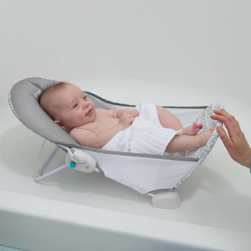 Ingenuity Foldaway 2-Position Baby Bath Seat, Adjustable Support for Sink or Bathtub, Ages 0-6 Months up to 20 Pounds, Machine-Washable Sling
