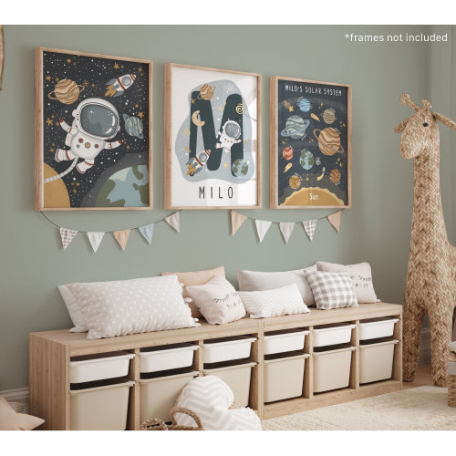Personalised Space Print Set of 3, Astronaut Prints, Solar Sytem Personalised Name Print, Scandi Space Nursery, Playroom Prints