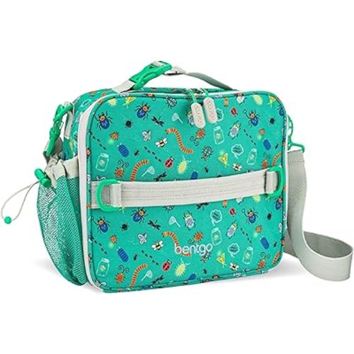 Bentgo Kids Lunch Bag - Double-Insulated, Reusable Lunch Bag for Kids 3+ with Adjustable Strap; Holds Lunch Box/Water Bottle/Snacks; Easy-Clean, Water-Resistant & Pockets (Bug Buddies)
