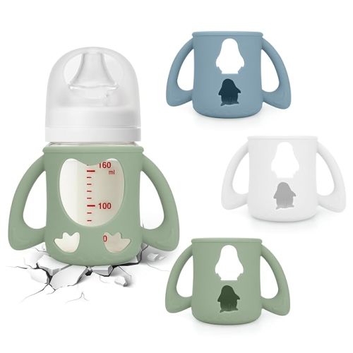 BUSOHA 3 Pack Silicone Sleeves for Pigeon Bottle - Baby Bottles Sleeves Compatible with Pigeon Glass Bottles Anti Breakage Baby Bottle Holder with Handle (White+Blue+Green,5.4 OZ)