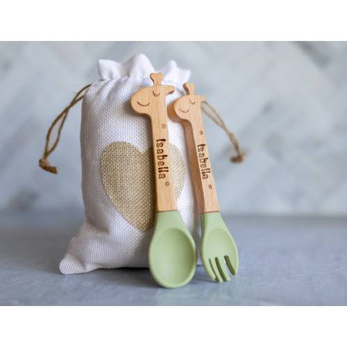 Personalized Spoon and Fork Set | Sweet Baby Giraffe | Laser Engraved | Baby Safe Silicone Weaning & Training Utensils | Baby Keepsake Gift