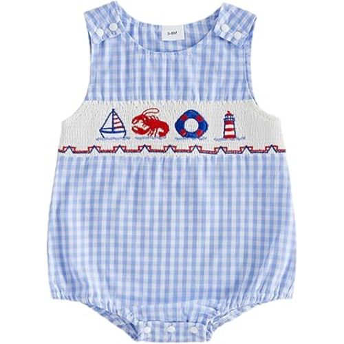 Baby Boy Smocked Bubble Romper Crawfish Sailboat Beach Outfit Sleeveless Bodysuit Newborn Infant Overalls Clothes