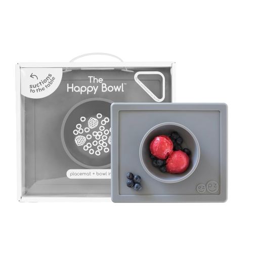 ezpz Happy Bowl - 24 Months + (Gray) - 100% Silicone Suction Bowl with Built-in Placemat – Dishwasher Safe