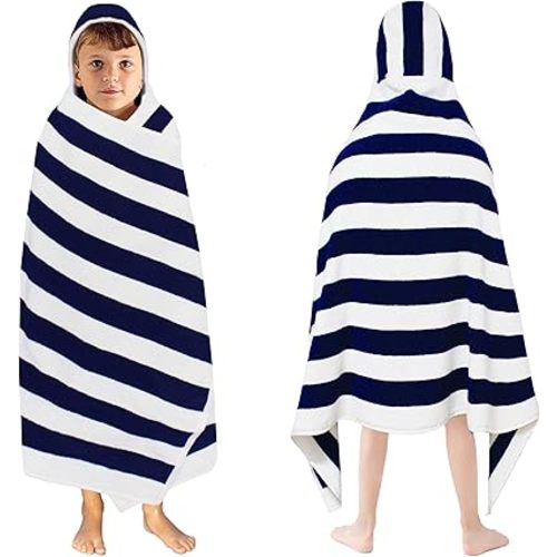 ORIGINAL KIDS Hooded Bath Towel Wrap - 100% Cotton Terry Large Oversized Hooded Kids Towel - Toddler Shower Pool Beach Towel - Soft Plush Absorbent Quick Dry Easy Care Gift - 30x60- Cabana Stripe Blue