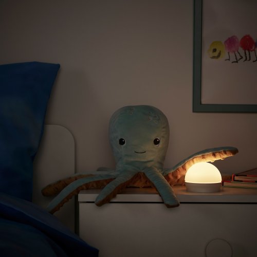 BLÅVINGAD Soft toy with LED nightlight - turquoise octopus/battery operated