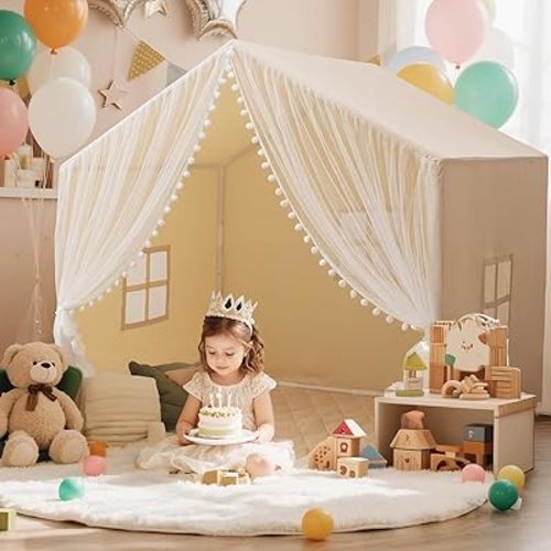 Large Kids Play Tent, 55.1in Length, Fits 3-4 Children,Indoor Playhouse for Kids, with Padded Mat and Lights, Bed Tent for Toddler, Birthday for Boys Girls