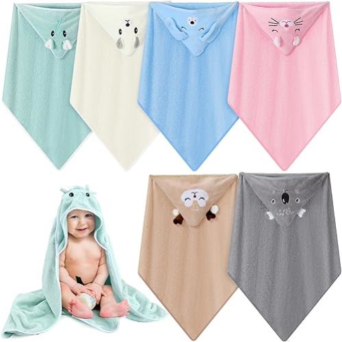 Pack of 6 Baby Hooded Towel Bulk Absorbent Soft Kids Bathrobe Blanket Cute Animal Baby Bath Wrap Towels Coral Velvet Toddler Towels for Newborn Boy Girl Toddler Essentials