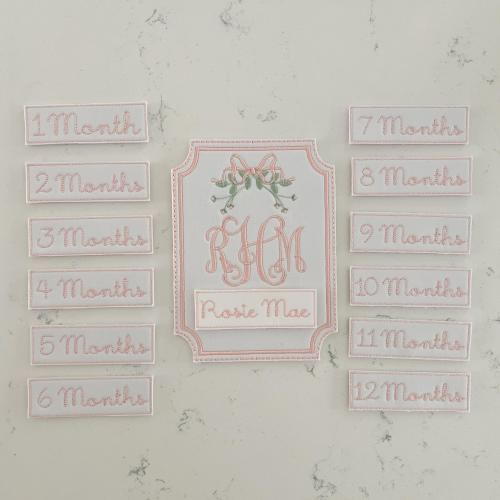 Girls Custom Embroidered Baby Milestone Monthly Cards, Rosebud Embroidered Milestone Cards