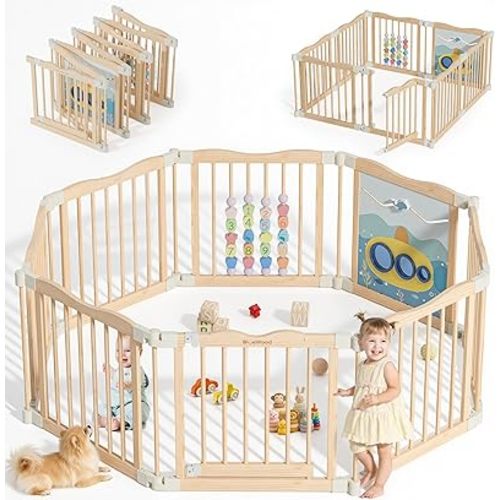 Foldable Wooden Playpen - Adjustable Wood Baby Play Yard with Child-Proof Lock, Indoor Large Safety Fence for Babies and Toddlers - Easy Assembly, 55 x 55 x 24 inches, Ocean Adventure, Natural