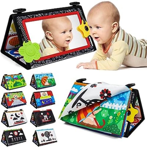 Dr.Rapeti Tummy Time Floor Mirror for Baby Infant Toddler Kids Black and White High Contrast Baby Toy with Crinkle Cloth Book Teethers Floor Activity Toy Washable Non-Toxic